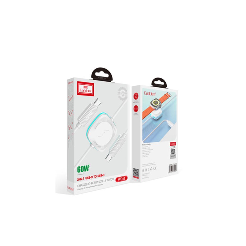 Earldom WC42 1.2M 60W Type-C to Type-C ve 2.5W Kablosuz Saat Şarj Çıkışlı 2in1 PD Hızlı Şarj Kablosu - Beyaz