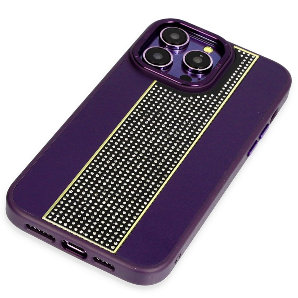 HDD iPhone 15 Pro Kılıf HBC-160 Almera Taşlı Kapak - Derin Mor