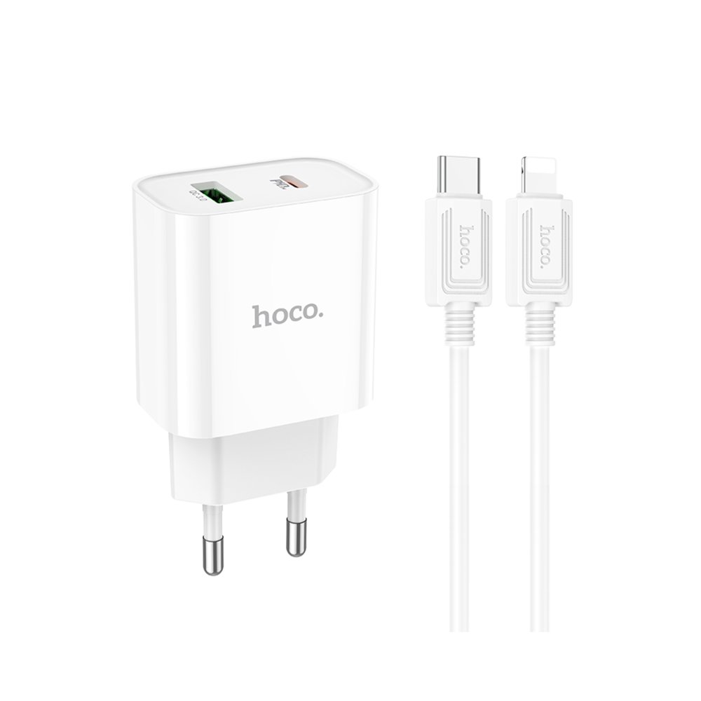Hoco C80A Plus Rapido USB 3.0 QC ve 20W Type-C PD Çıkışlı ve Ekstra Type-C to Lightning Kablolu Şarj Aleti - Beyaz