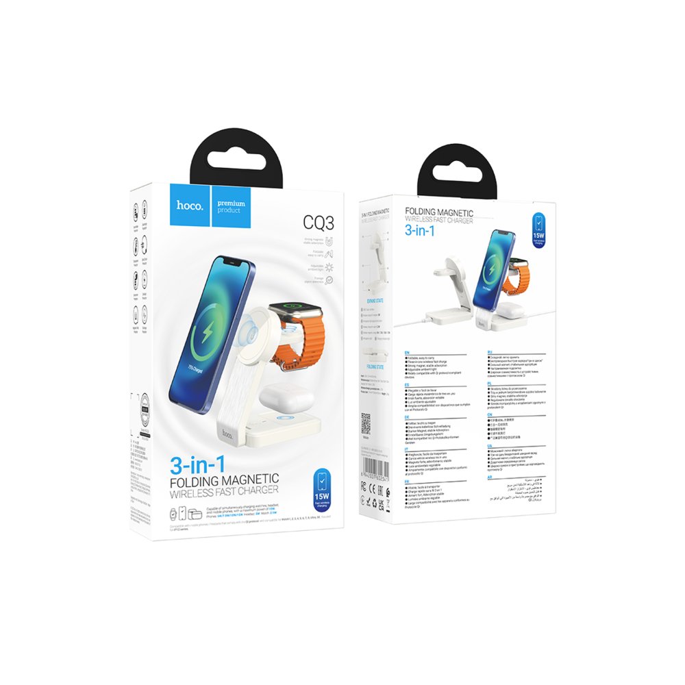 Hoco CQ3 3in1 15W Masaüstü Kablosuz Şarj Standı - Beyaz