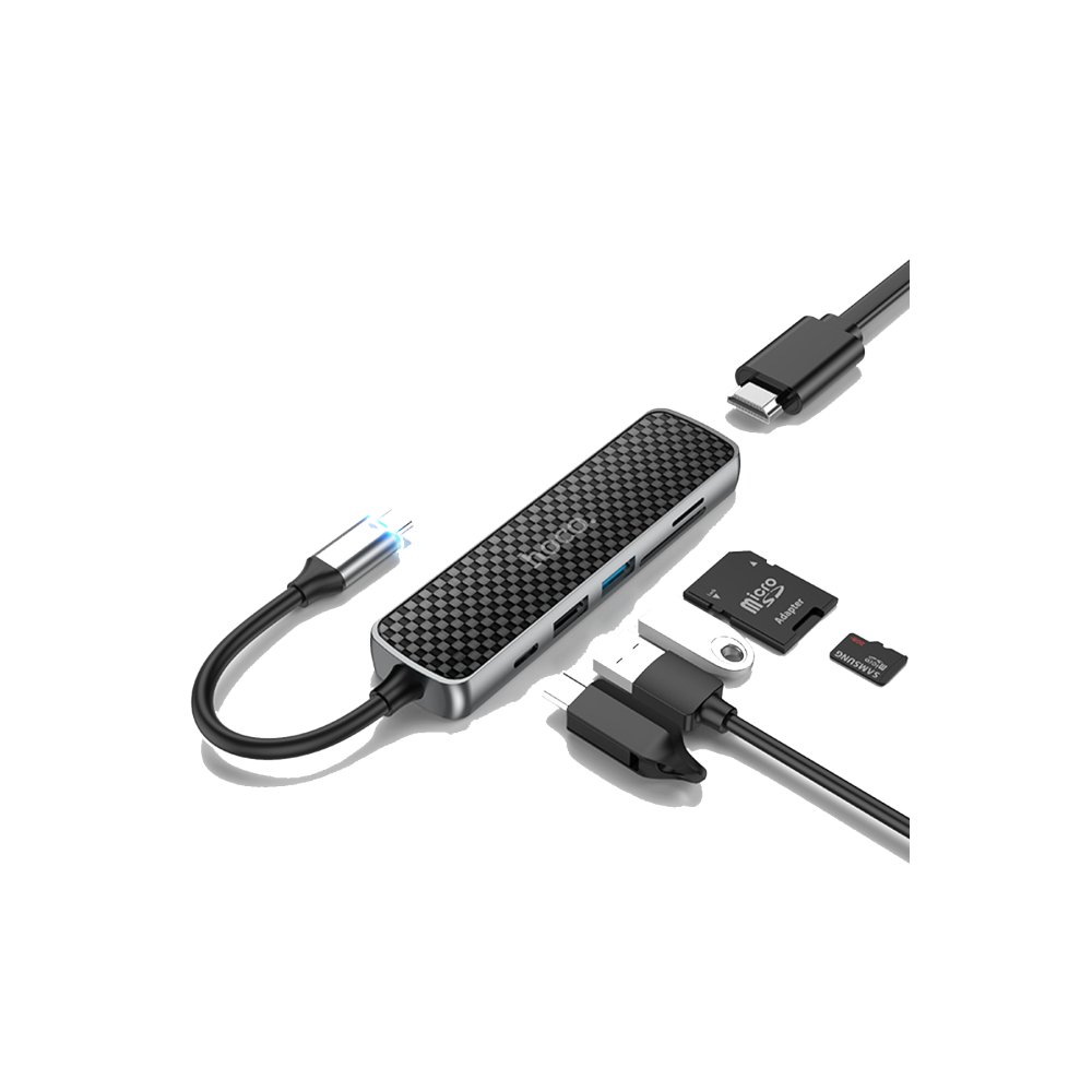 Hoco HB24 6in1 Type-C USB SD Kart Hub Dönüştürücü - Gri