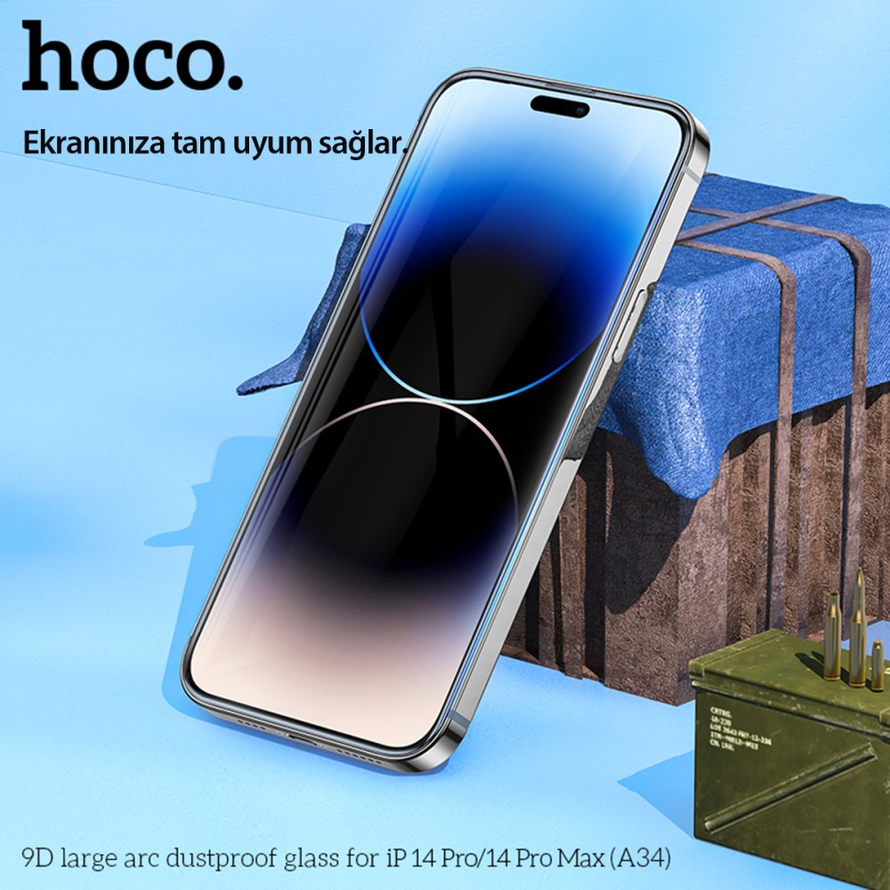 Hoco iPhone 14 Pro Max 9D Dustproof Cam Ekran Koruyucu - Siyah