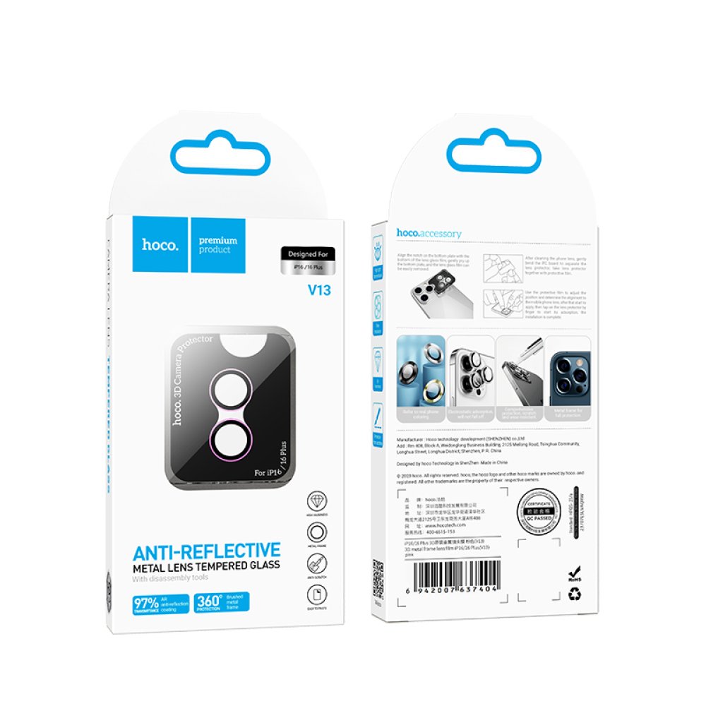 Hoco iPhone 16 3D Metal Frame Kamera Lens - Pembe