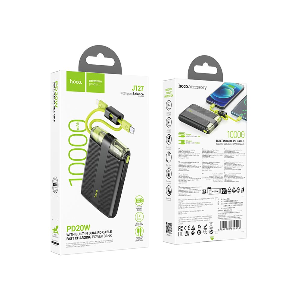 Hoco J127 Dijital Göstergeli Dual Kablolu 20W 10.000 mAh PD Mini Powerbank - Siyah