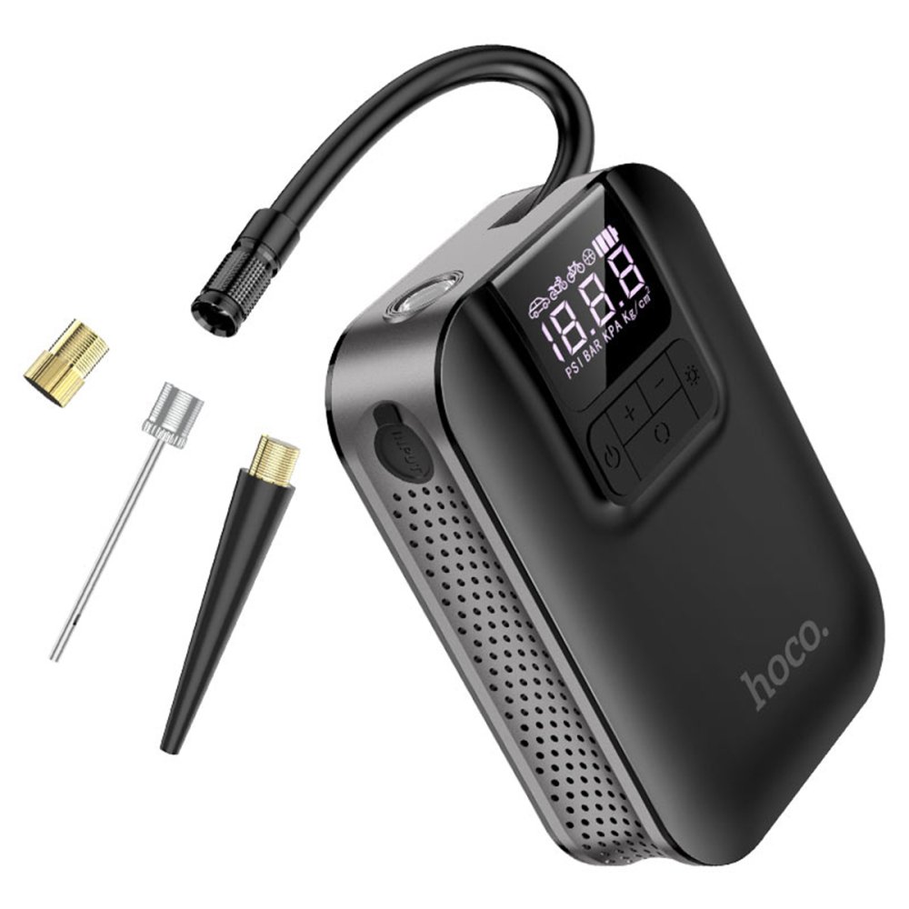Hoco S53 Breeze Taşınabilir Çok Fonksiyonlu Dijital Göstergeli 2500 mAh Bataryalı Akıllı Kablosuz Hava Kompresörü - Siyah
