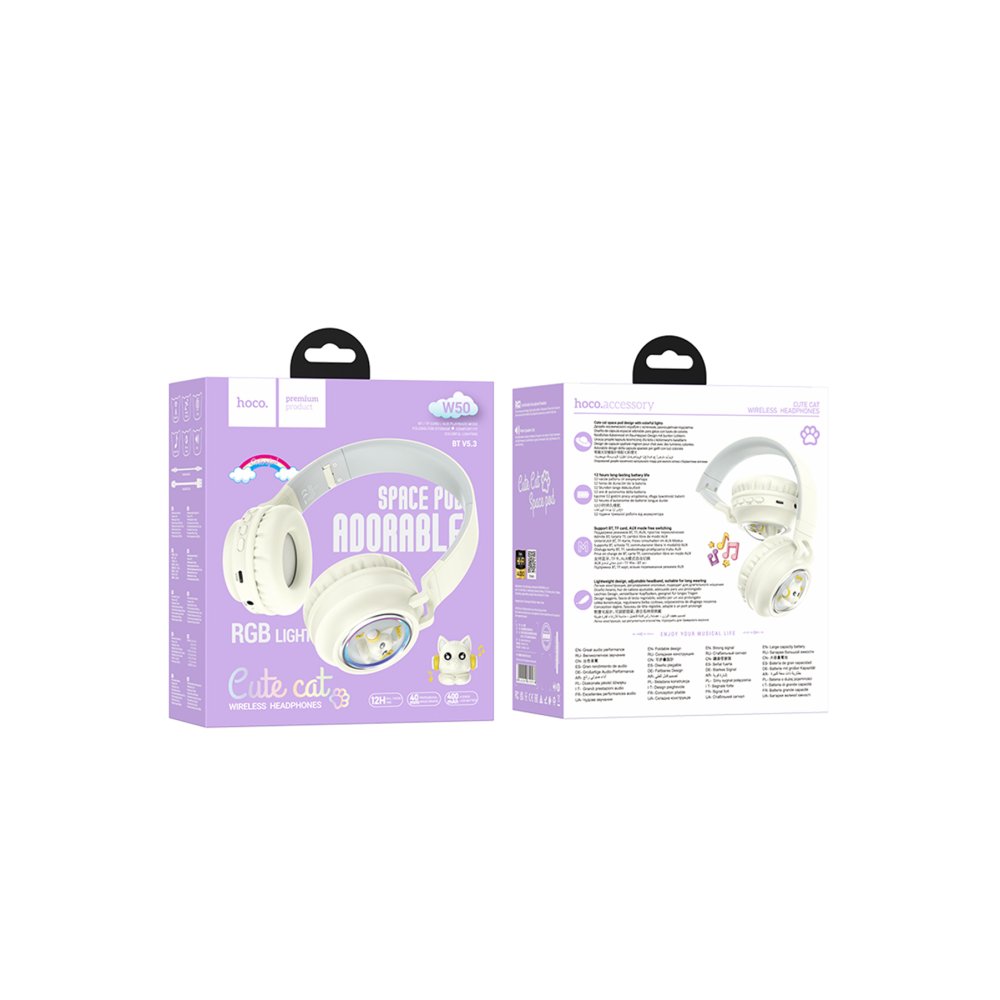 Hoco W50 Cute Fun BT RGB Kablosuz Kafaüstü Kulaklık - Beyaz