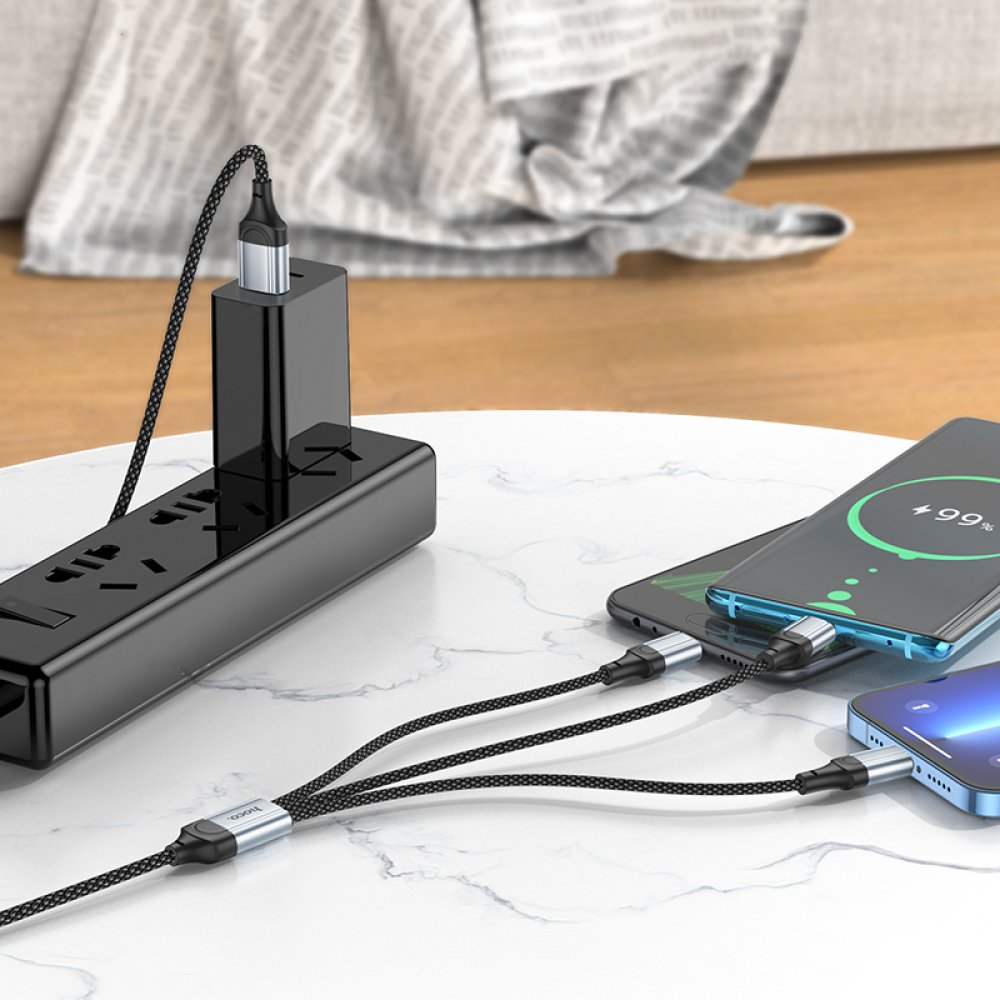 Hoco X102 Fresh 1M 2.4A 3in1 USB to Type-C / Lightning ve Micro Çıkışlı Hızlı Şarj Data Kablosu - Siyah