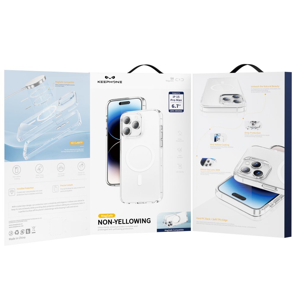Keephone iPhone 15 Pro Max Non Yellow Şeffaf Magsafe Kılıf - Şeffaf