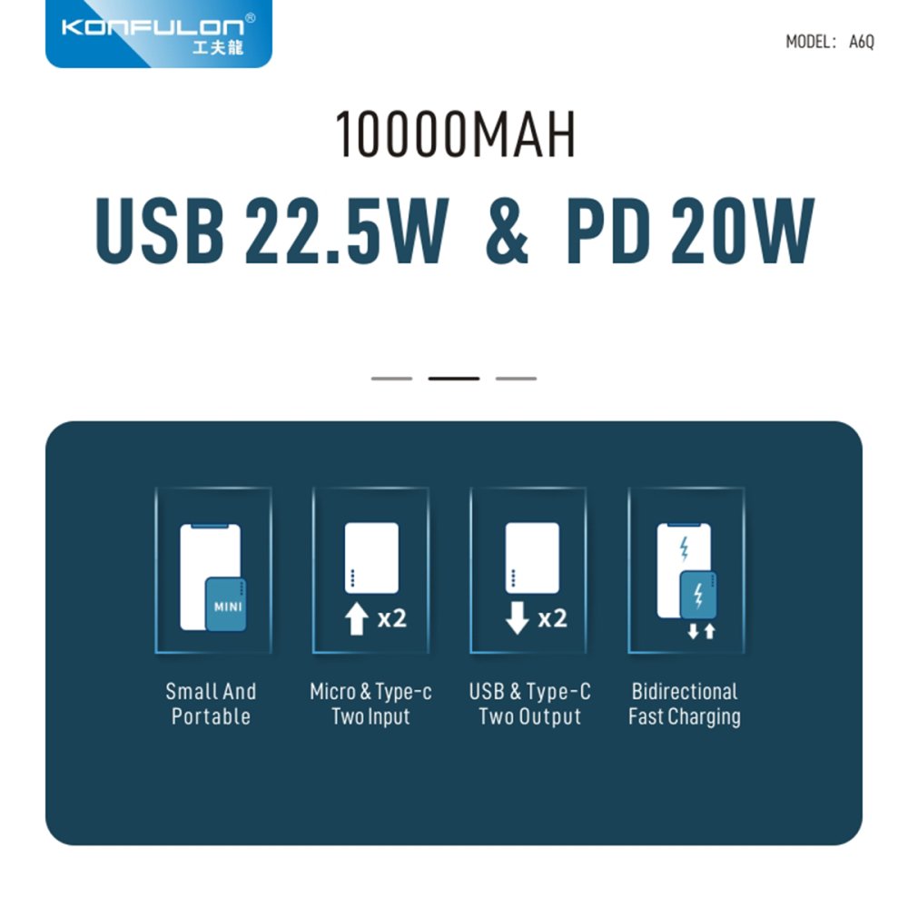Konfulon A6Q 22.5W Usb 3.0 ve 20W Type-C Çıkışlı 10.000 mAh PD Powerbank - Siyah