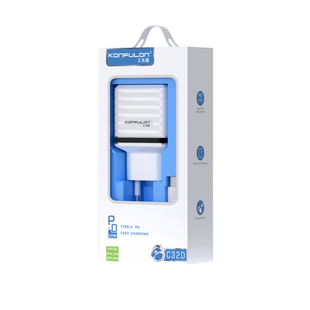 Konfulon C32D 20W PD Şarj Cihazı + DC15 1M 20W 5A Type-C to Type-C Kablolu Şarj Cihazı