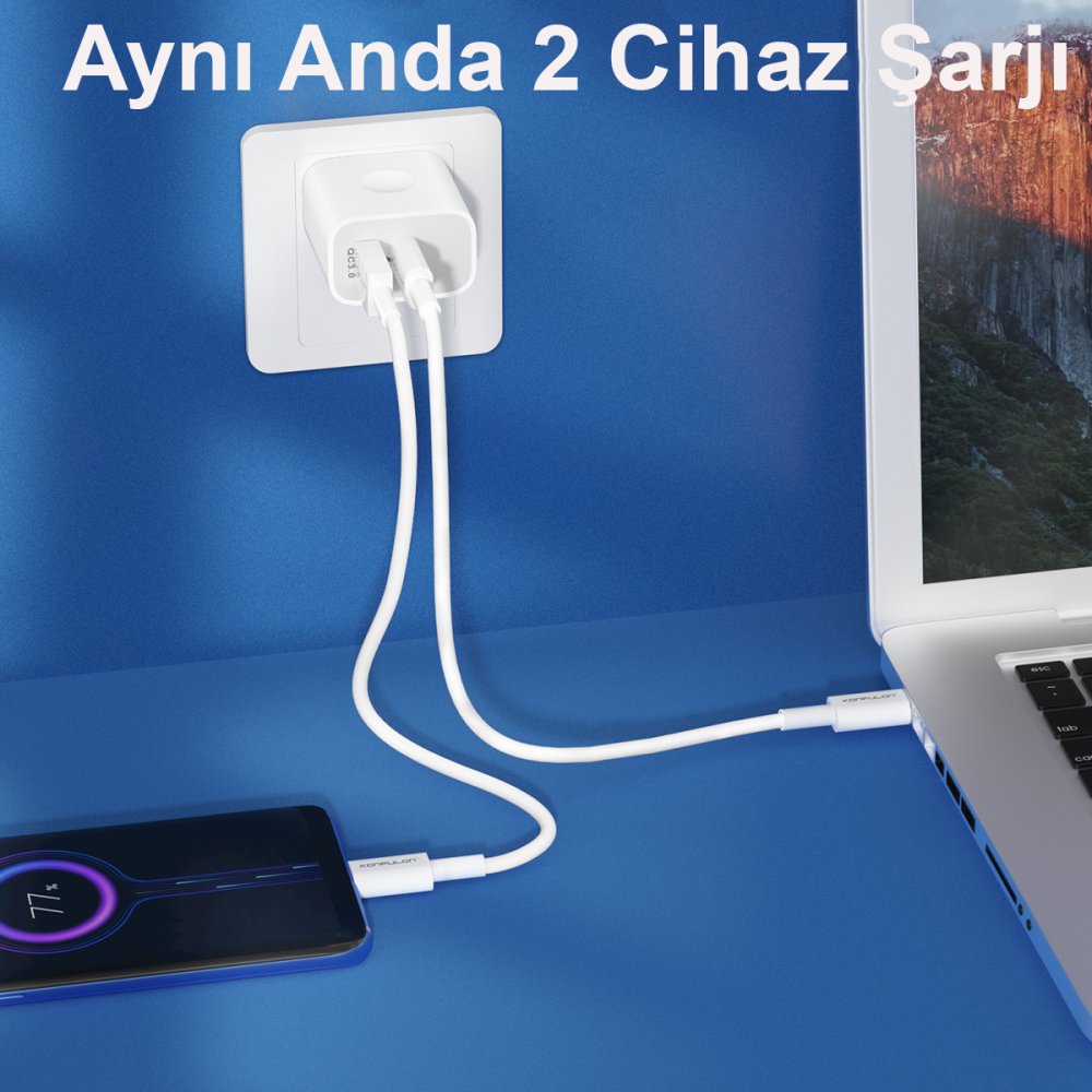 Konfulon C69Q 1 Adet 20W Type-C ve 1 Adet 18W Usb 3.0 Çıkışlı PD Şarj Cihazı
