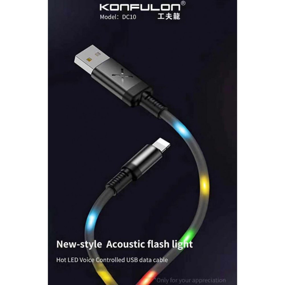 Konfulon DC10 Ses Duyarlı Işıklı Lightning Kablo iphone Uyumlu 1M 2A - Siyah