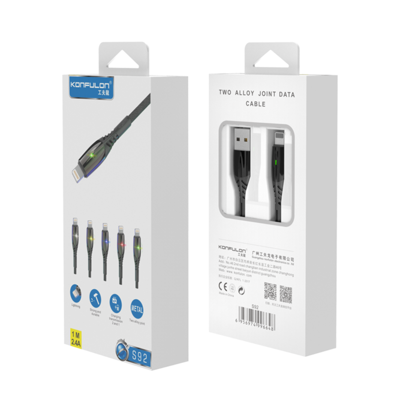 Konfulon S92 Ledli Lightning Kablo iphone Uyumlu 1M 3A - Kırmızı