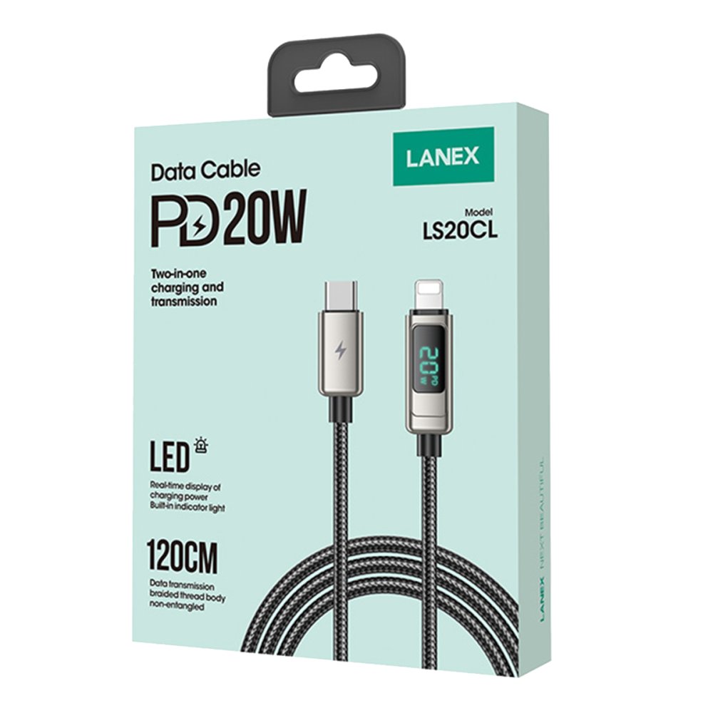 Lanex LS20CL 1.2M 20W Dijital Göstergeli Hasırlı Type-C to Lightning PD Hızlı Şarj Kablosu - Gümüş