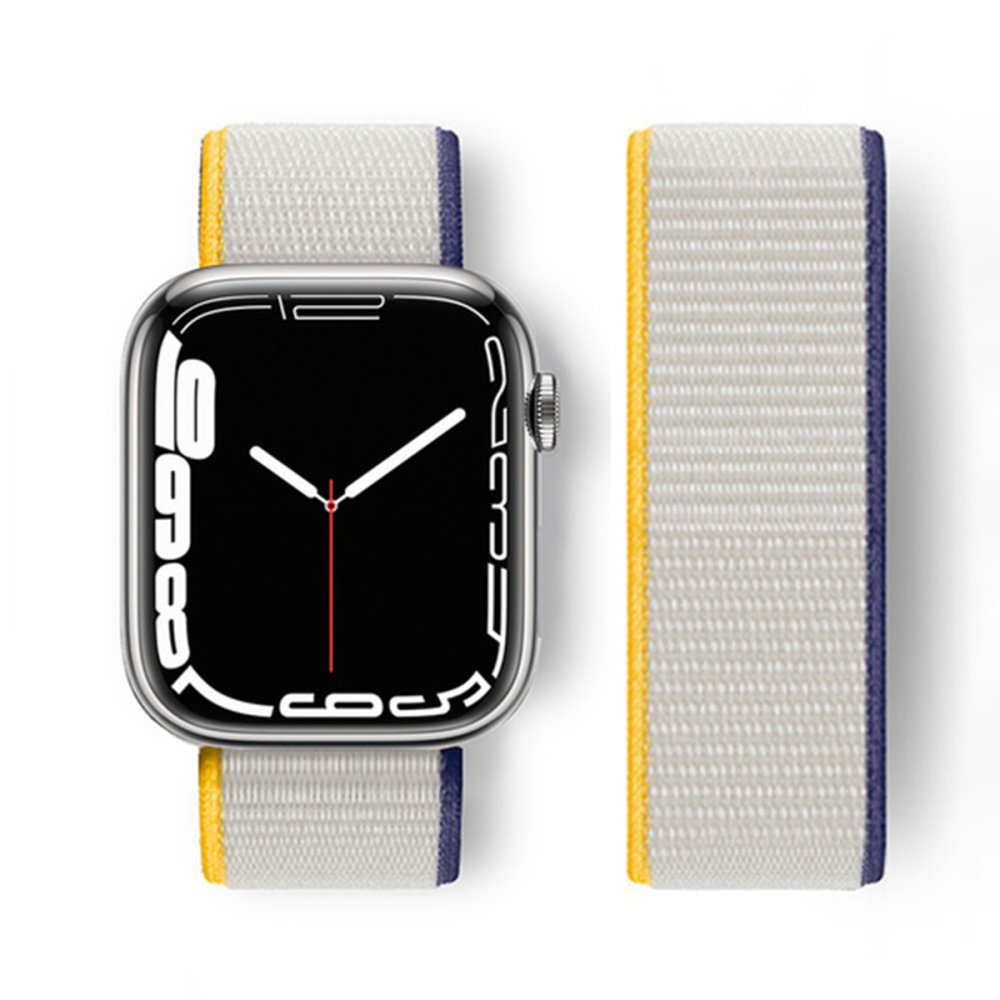 Newface Apple Watch 42mm Hasırlı Cırtcırtlı Kordon - Sarı-Beyaz
