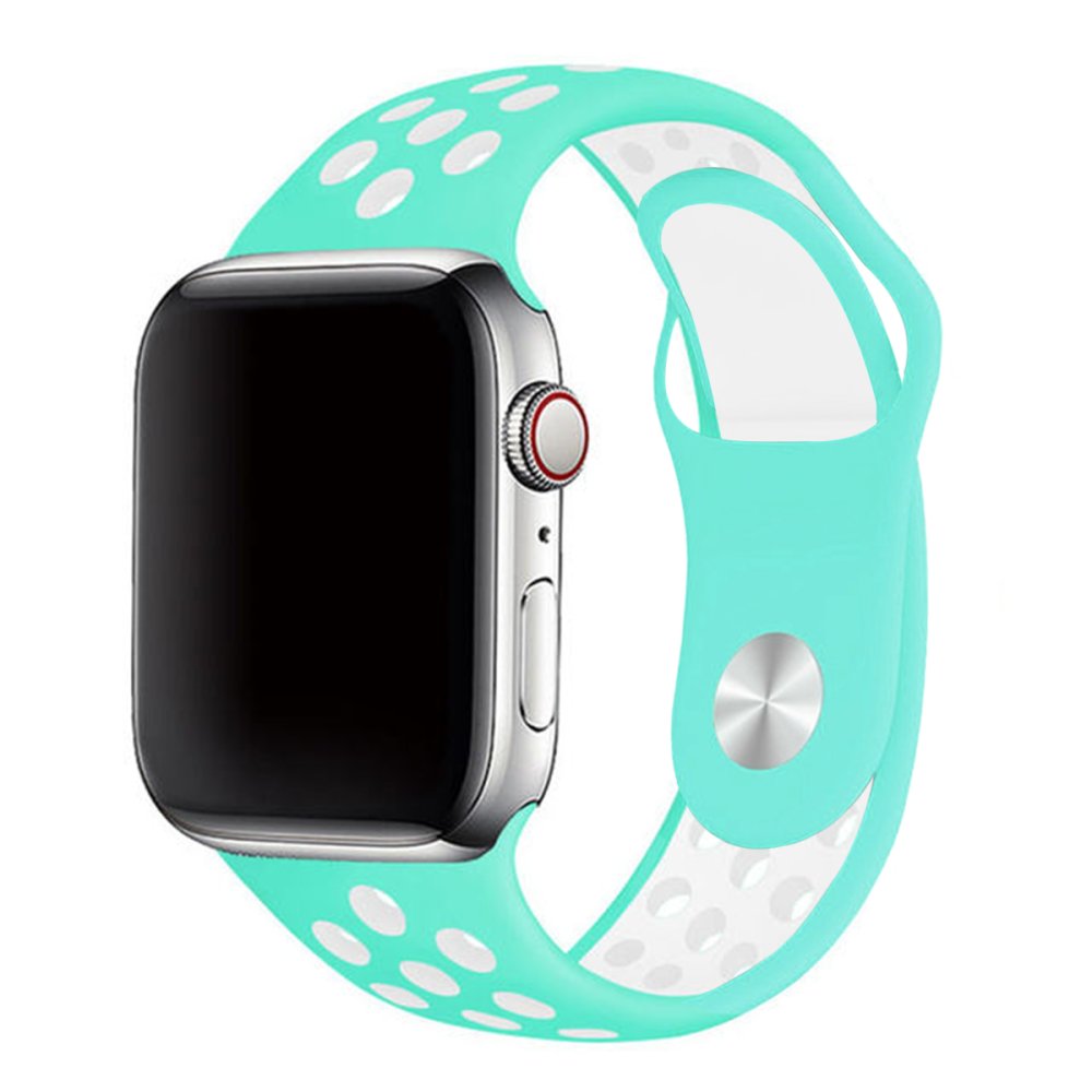 Newface Apple Watch 44mm Spor Delikli Kordon - Turkuaz-Beyaz