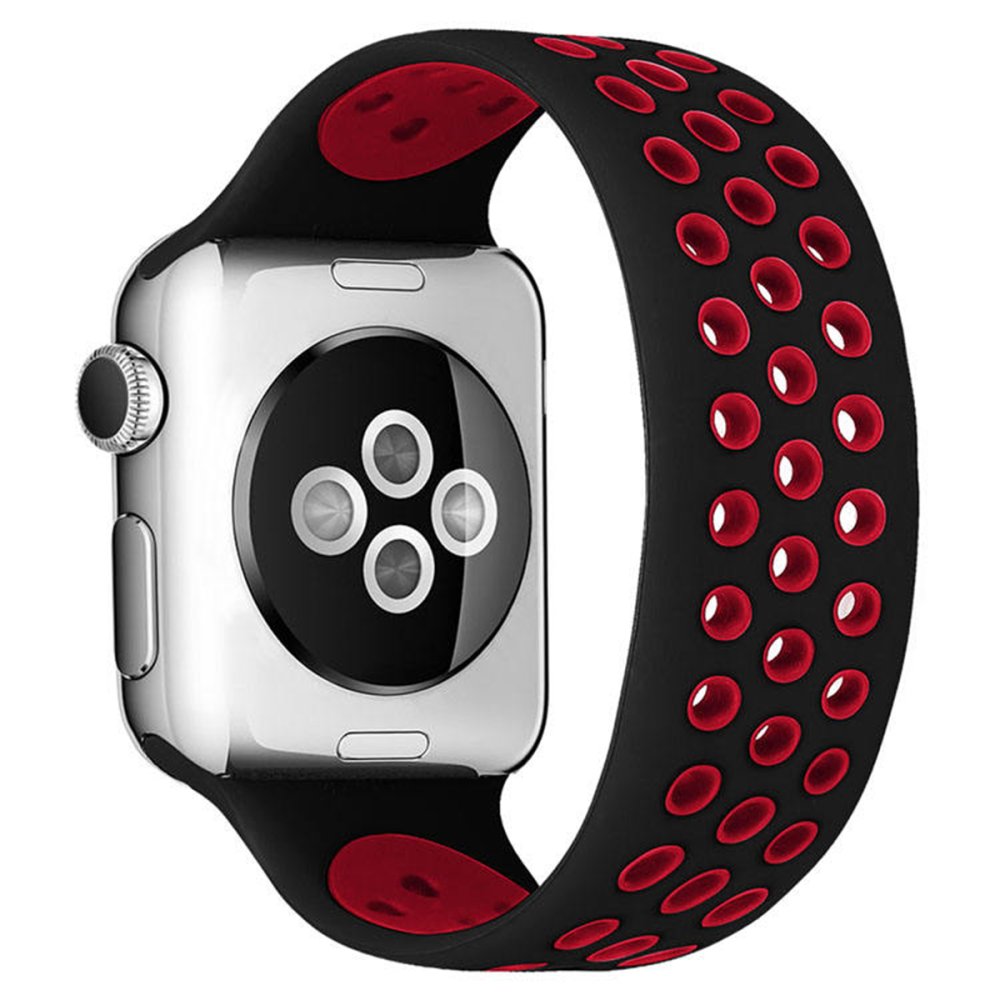 Newface Apple Watch 44mm Ayarlı Delikli Silikon Kordon - Siyah-Kırmızı