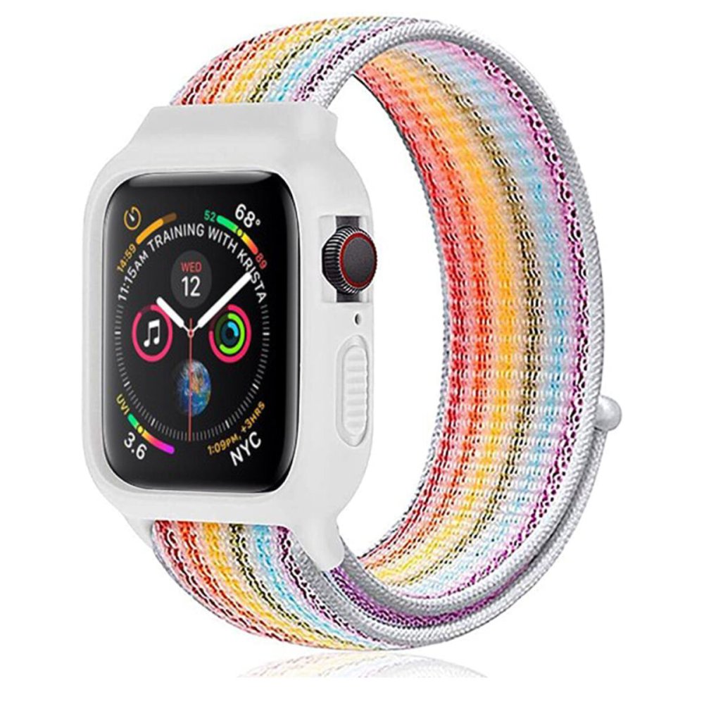 Newface Apple Watch 44mm Hasırlı Cırtcırtlı Kasalı Kordon - Gökkuşağı 1