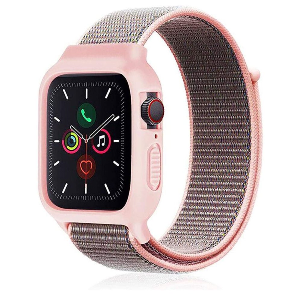 Newface Apple Watch 40mm Hasırlı Cırtcırtlı Kasalı Kordon - Pembe