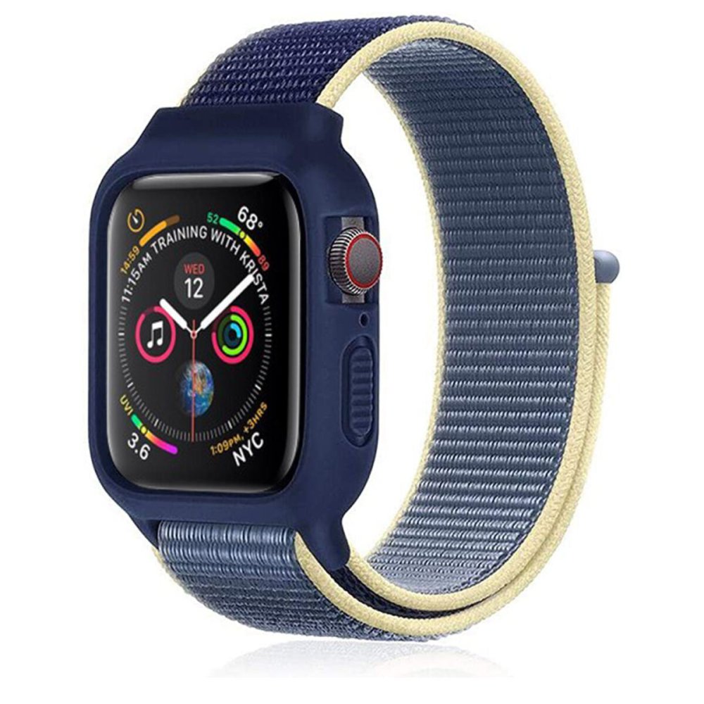 Newface Apple Watch 42mm Hasırlı Cırtcırtlı Kasalı Kordon - Sarı-Lacivert