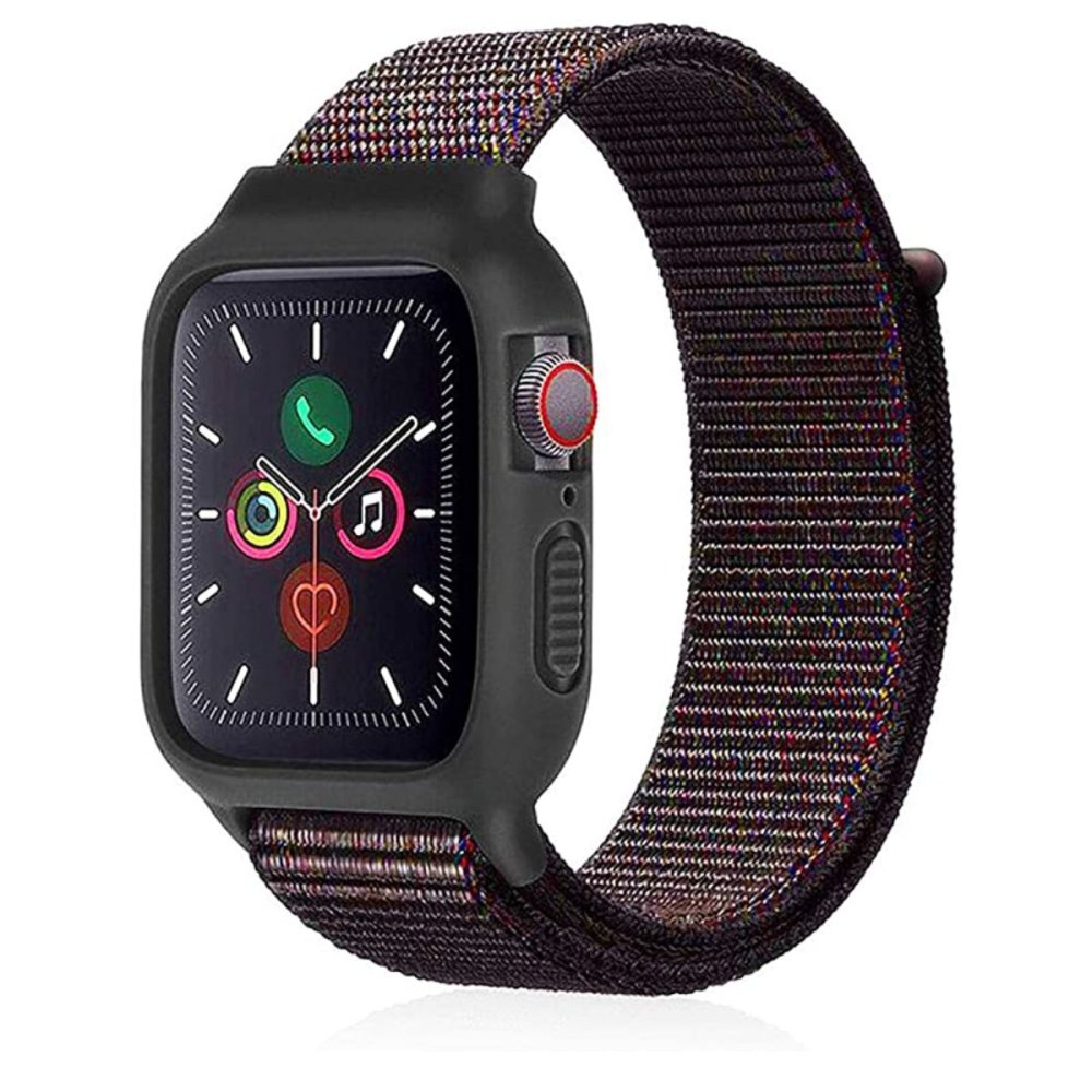 Newface Apple Watch 38mm Hasırlı Cırtcırtlı Kasalı Kordon - Siyah-Mavi