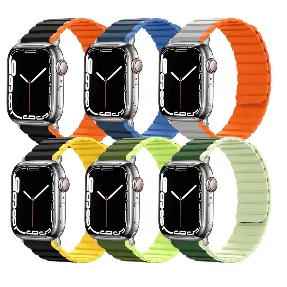 Movenchy Apple Watch 45mm MO-WB1 Çift Renk Mıknatıslı Silikon Kordon - Koyu Yeşil-Açık Yeşil