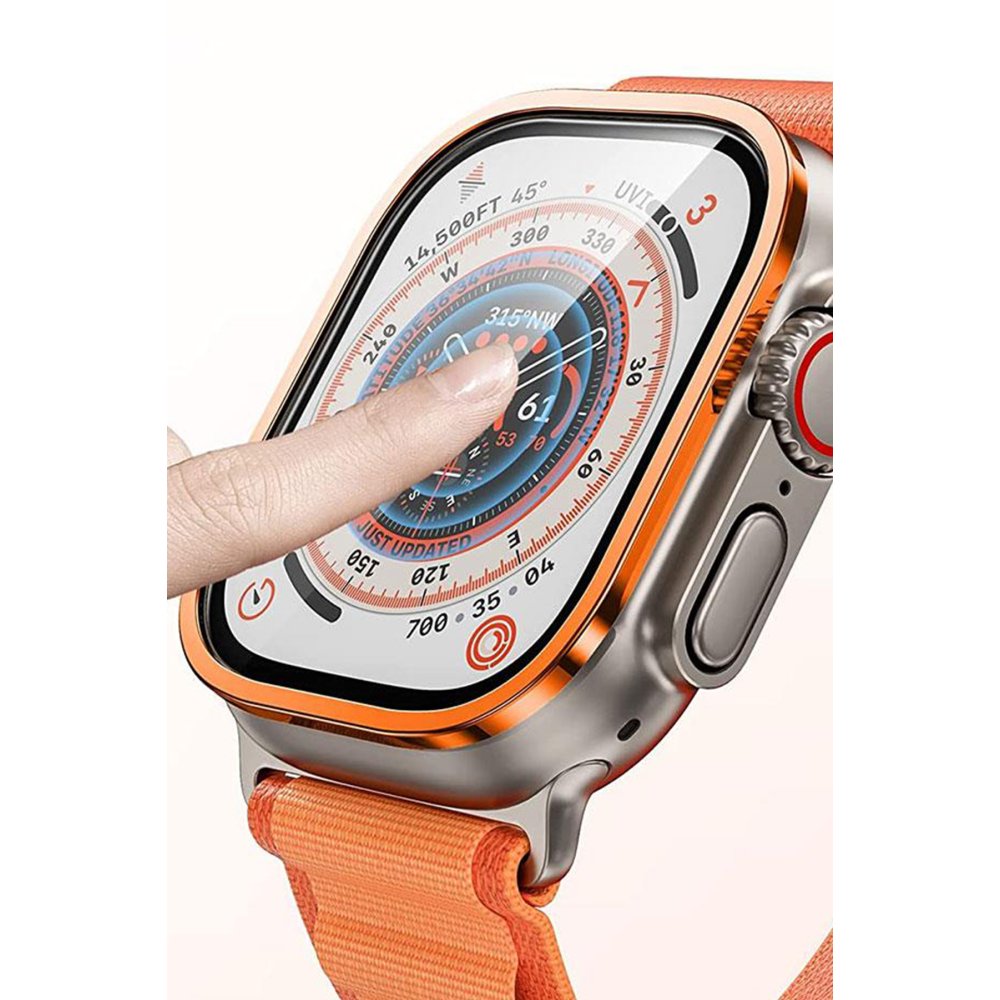 Newface Apple Watch Ultra 49mm Alüminyum Kasa Cam Ekran Koruyucu - Turuncu