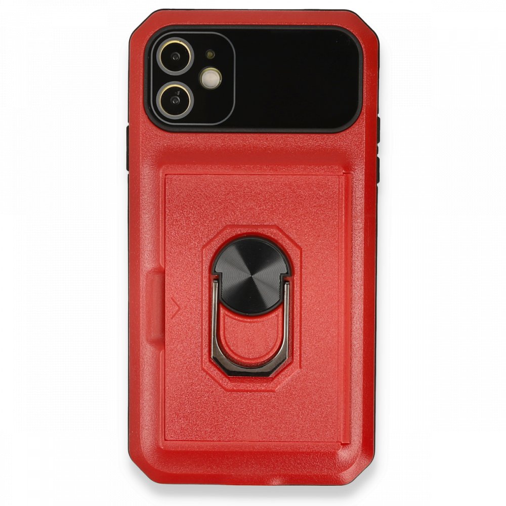 Newface iPhone 11 Kılıf Klik Yüzüklü Kartvizitli Silikon - Kırmızı