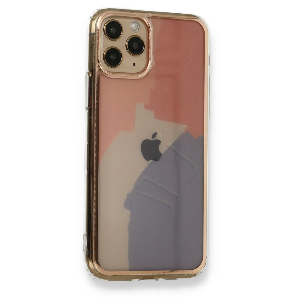 Newface iPhone 11 Pro Max Kılıf Çiçekli Silikon - Pembe-Mavi