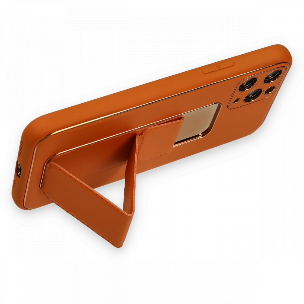 Newface iPhone 11 Pro Max Kılıf Coco Deri Standlı Kapak - Turuncu