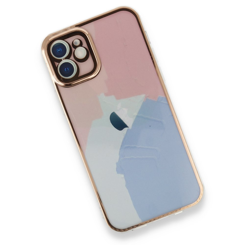 Newface iPhone 12 Kılıf Çiçekli Silikon - Pembe-Mavi