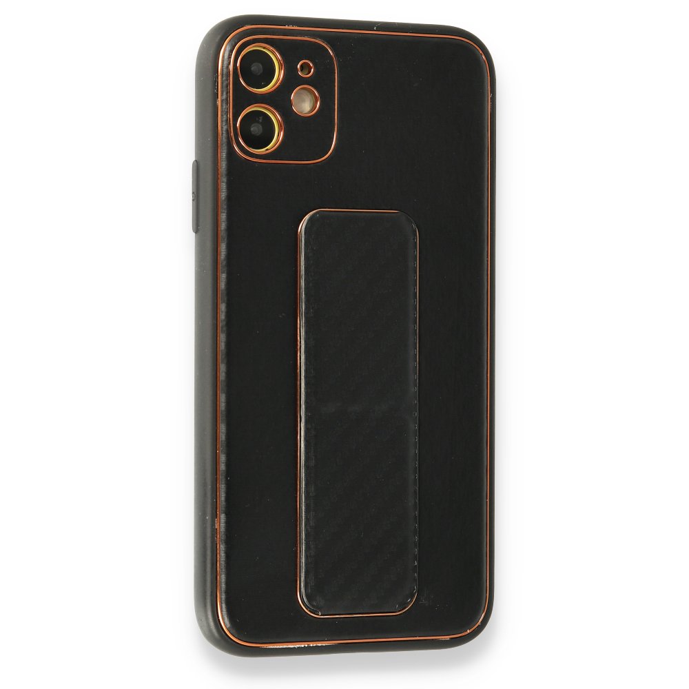 Newface iPhone 12 Kılıf Coco Karbon Standlı Kapak  - Siyah