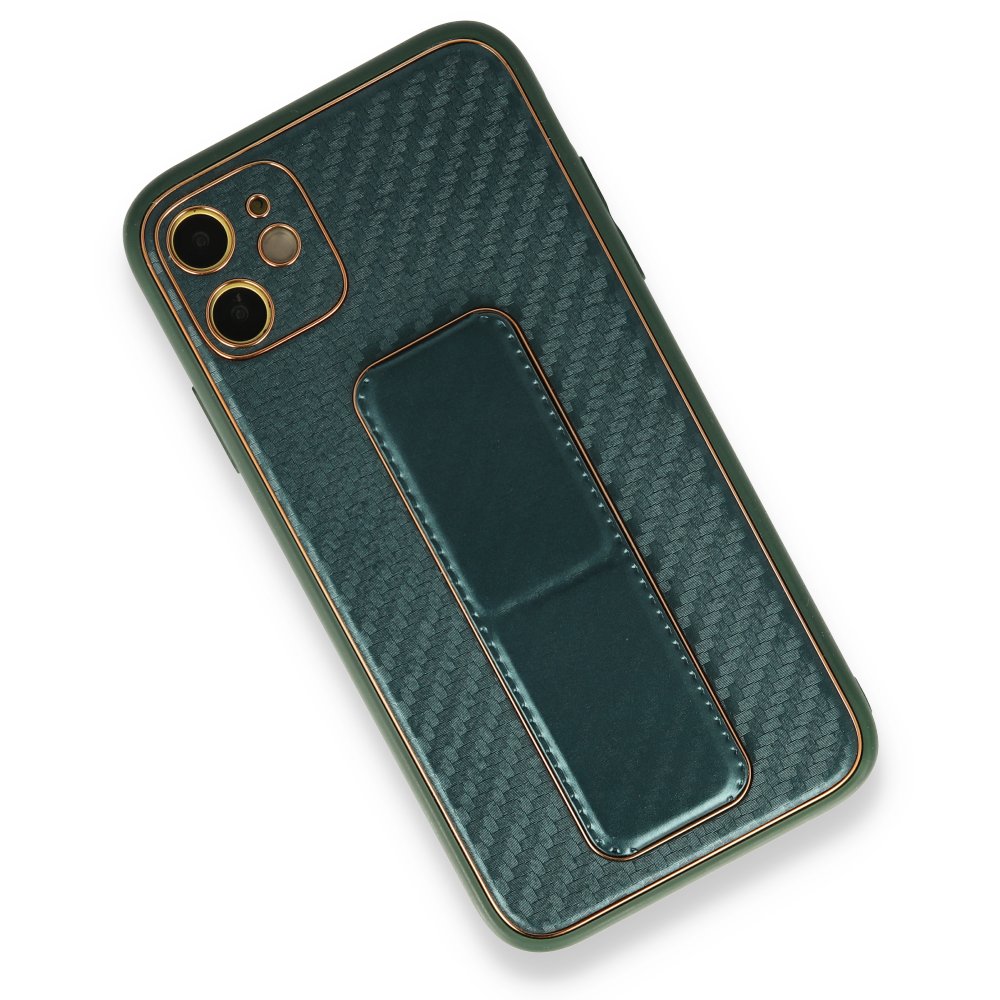 Newface iPhone 12 Kılıf Coco Karbon Standlı Kapak - Yeşil