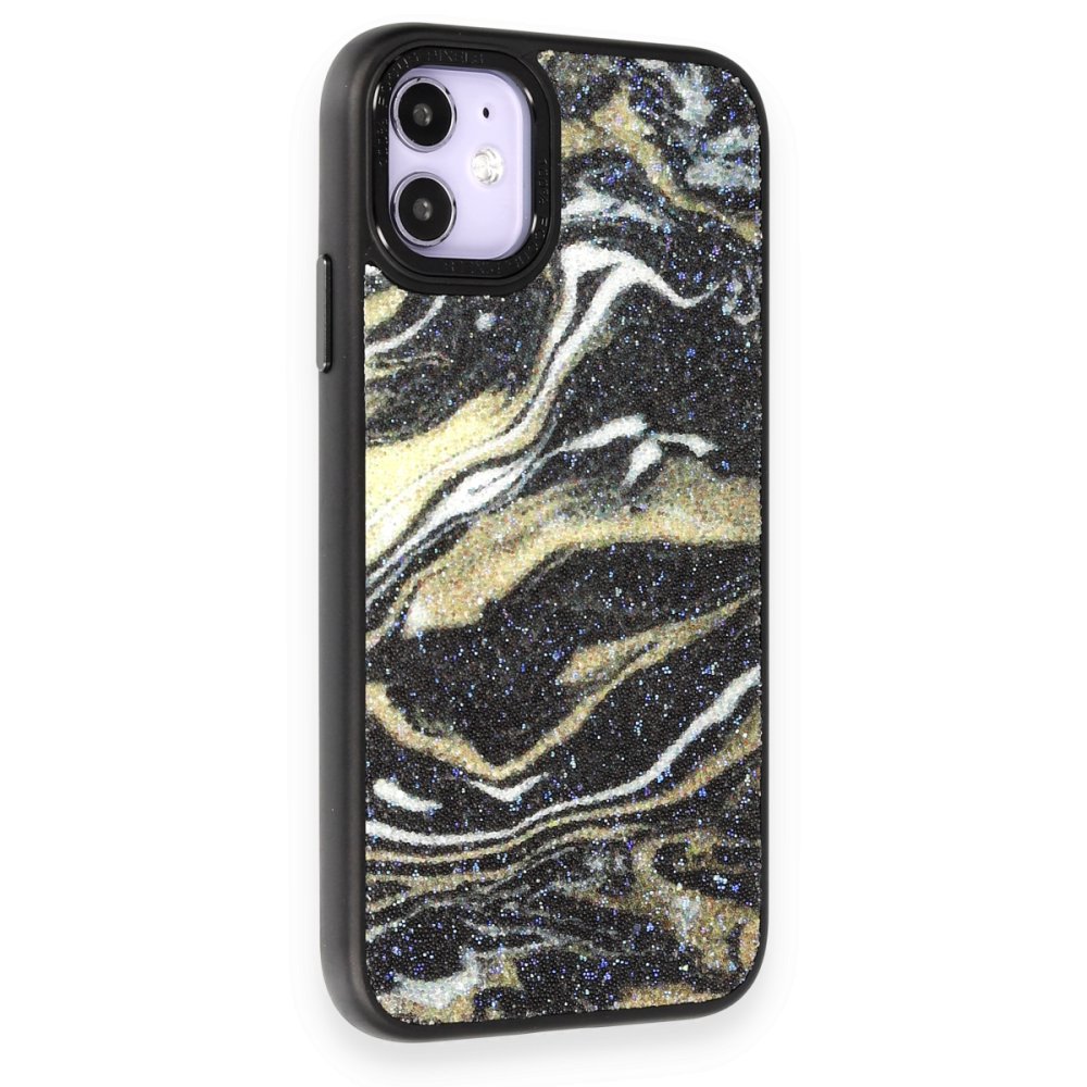Newface iPhone 12 Kılıf Moda Simli Kapak - Siyah