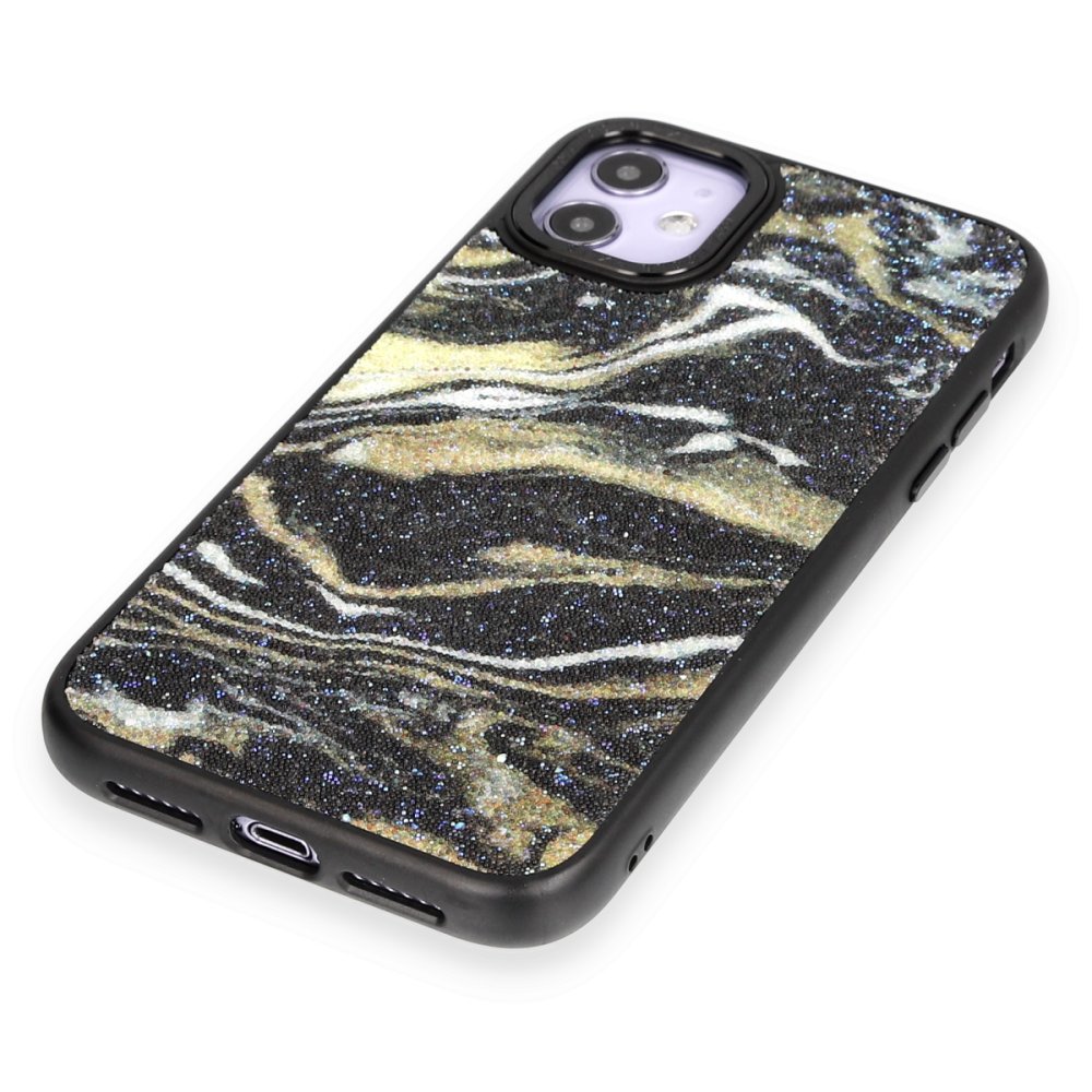 Newface iPhone 12 Kılıf Moda Simli Kapak - Siyah