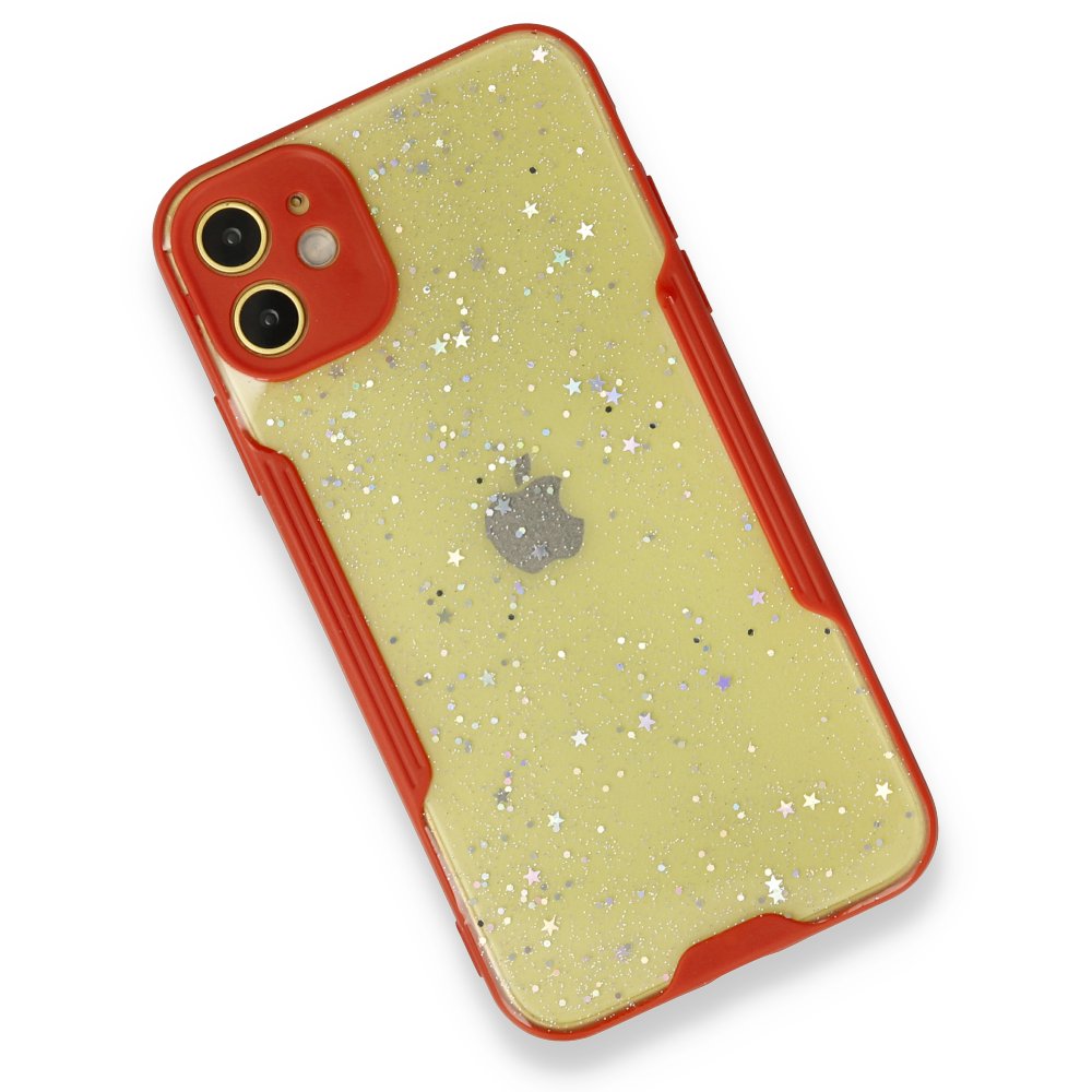 Newface iPhone 12 Kılıf Platin Simli Silikon - Kırmızı