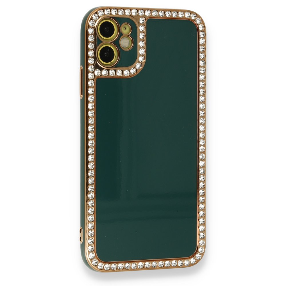 Newface iPhone 12 Kılıf Solo Taşlı Silikon - Koyu Yeşil