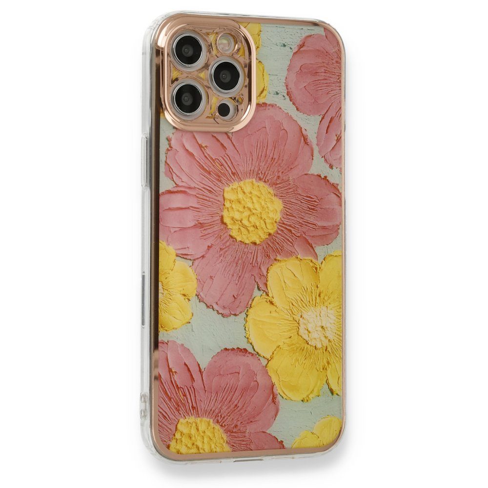 Newface iPhone 12 Pro Kılıf Çiçekli Silikon - Pembe