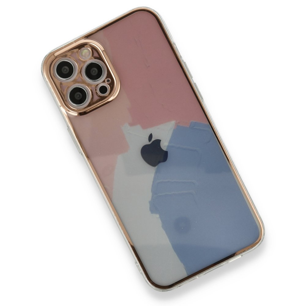 Newface iPhone 12 Pro Kılıf Çiçekli Silikon - Pembe-Mavi