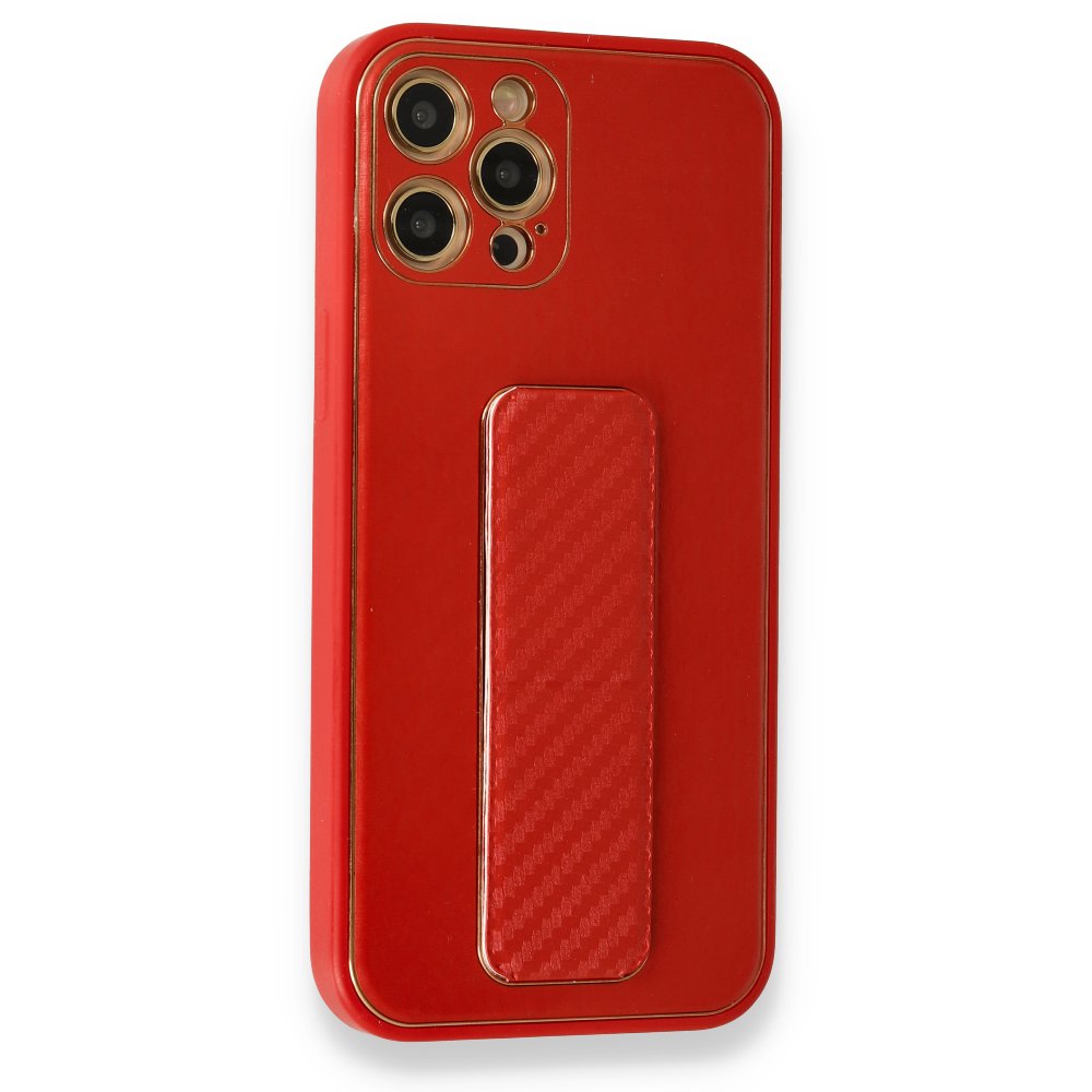 Newface iPhone 12 Pro Kılıf Coco Karbon Standlı Kapak  - Kırmızı