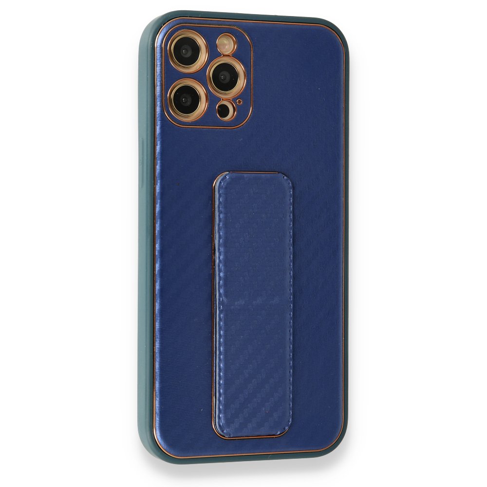 Newface iPhone 12 Pro Kılıf Coco Karbon Standlı Kapak  - Mavi