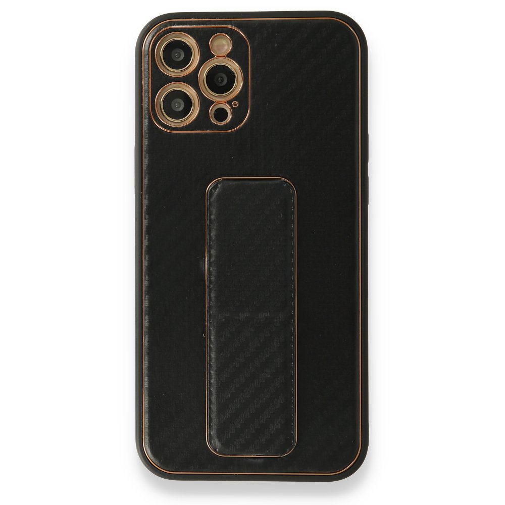 Newface iPhone 12 Pro Kılıf Coco Karbon Standlı Kapak - Siyah