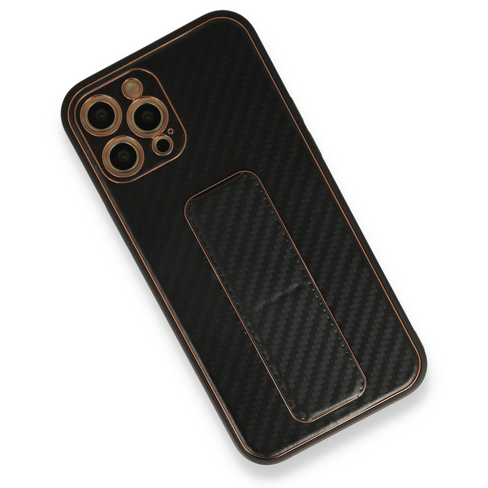 Newface iPhone 12 Pro Kılıf Coco Karbon Standlı Kapak - Siyah