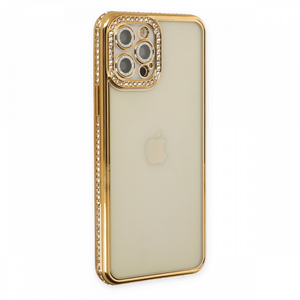 Newface iPhone 12 Pro Kılıf Joke Taşlı Silikon - Gold
