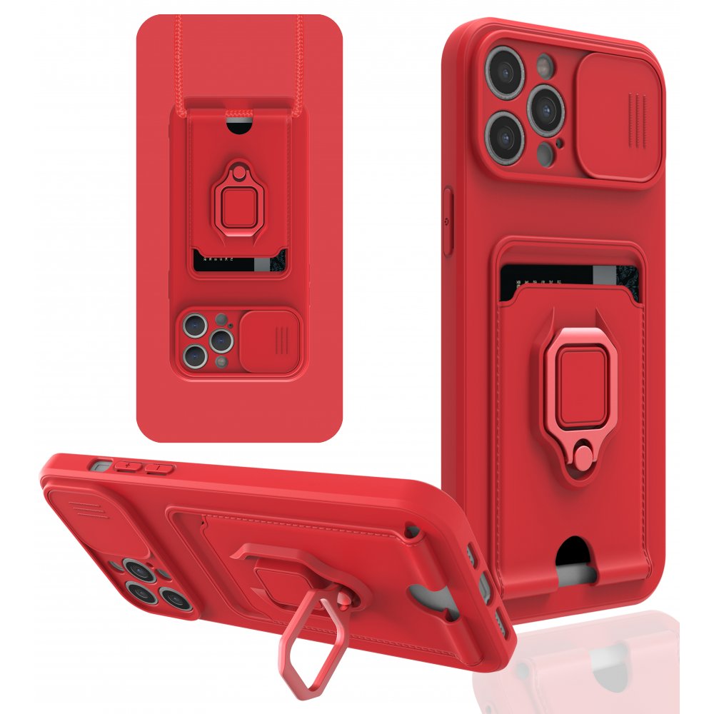 Newface iPhone 12 Pro Kılıf Zuma Kartvizitli Yüzüklü Silikon - Kırmızı