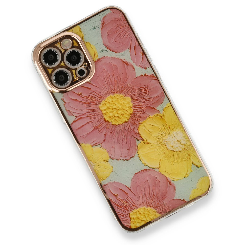 Newface iPhone 12 Pro Max Kılıf Çiçekli Silikon - Pembe