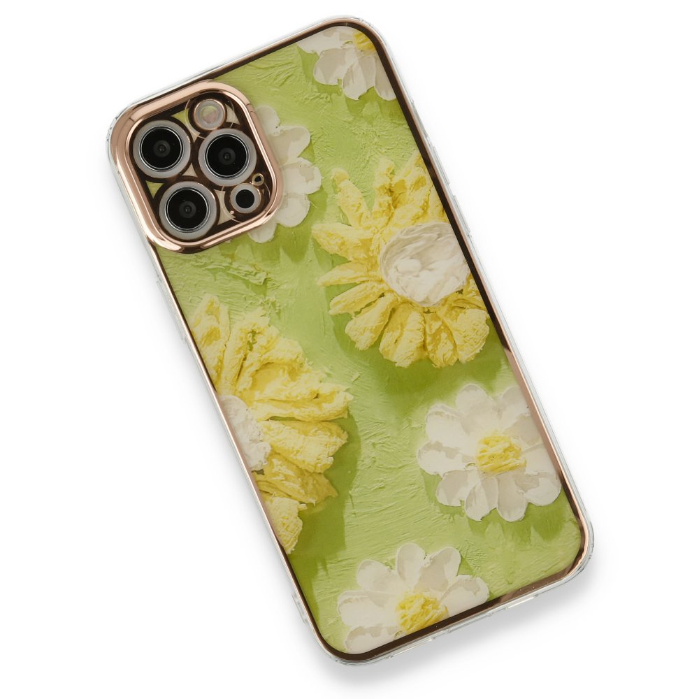 Newface iPhone 12 Pro Max Kılıf Çiçekli Silikon - Yeşil