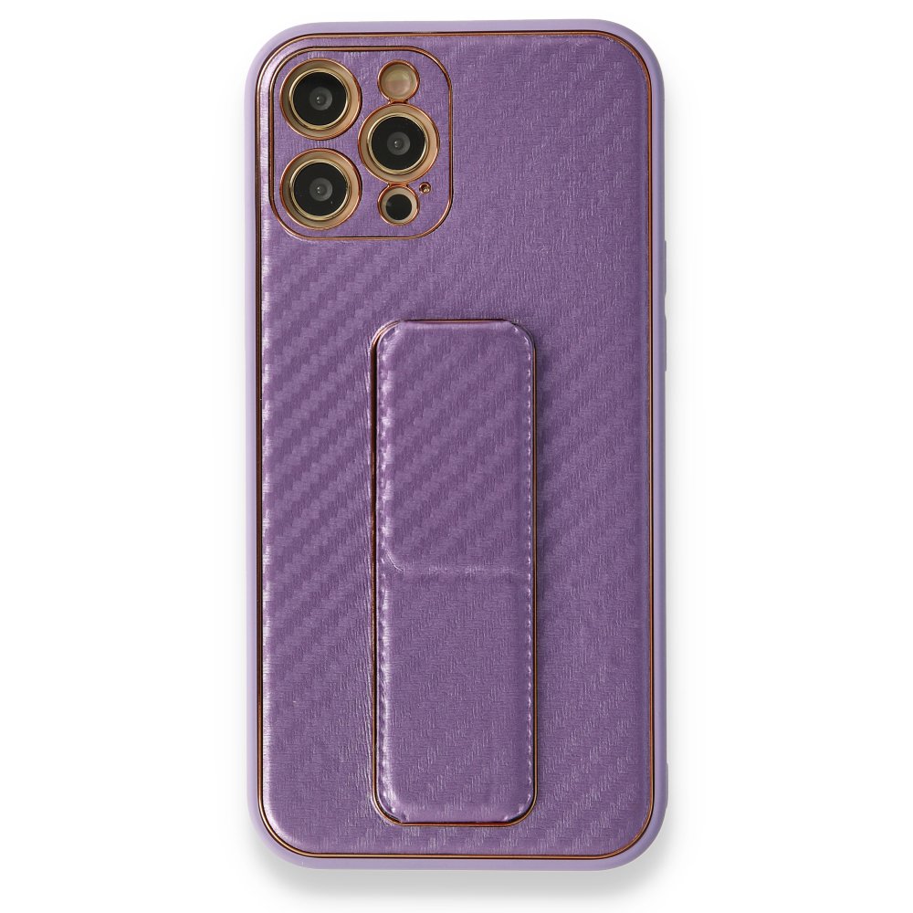 Newface iPhone 12 Pro Max Kılıf Coco Karbon Standlı Kapak - Mor
