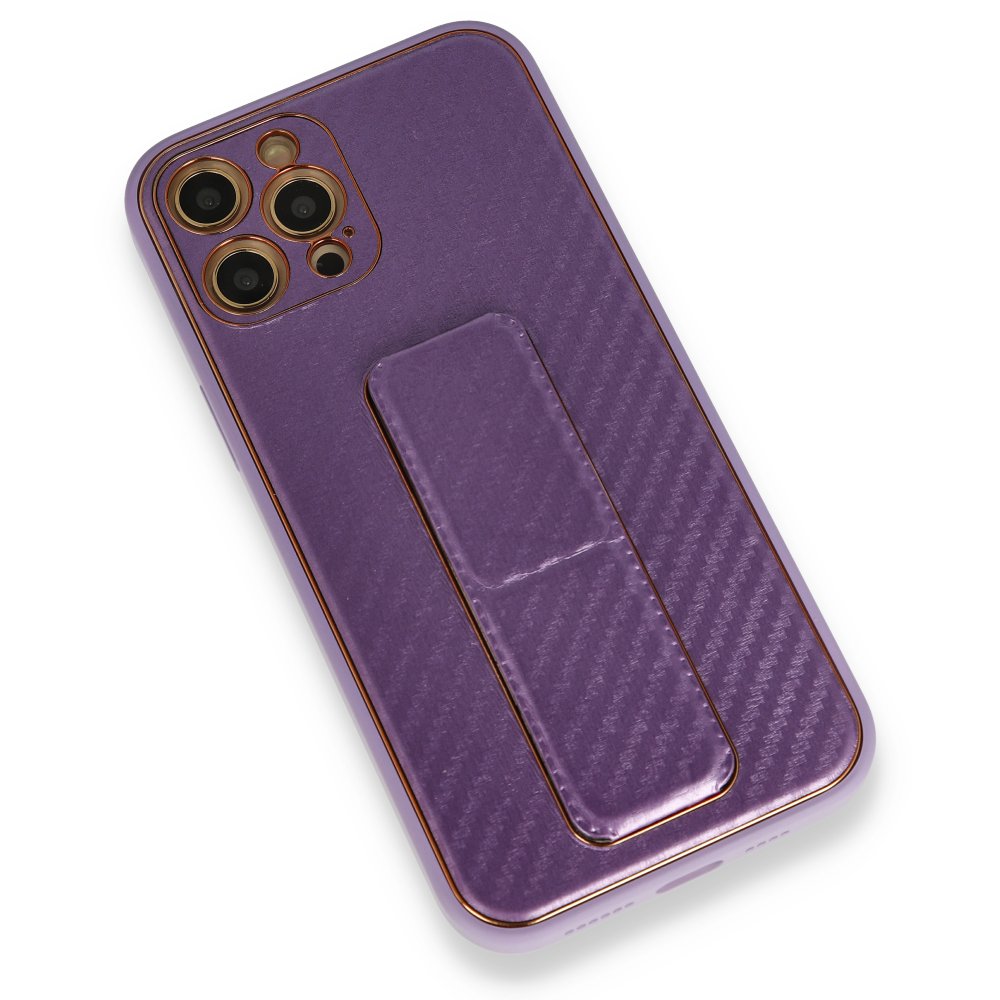 Newface iPhone 12 Pro Max Kılıf Coco Karbon Standlı Kapak - Mor
