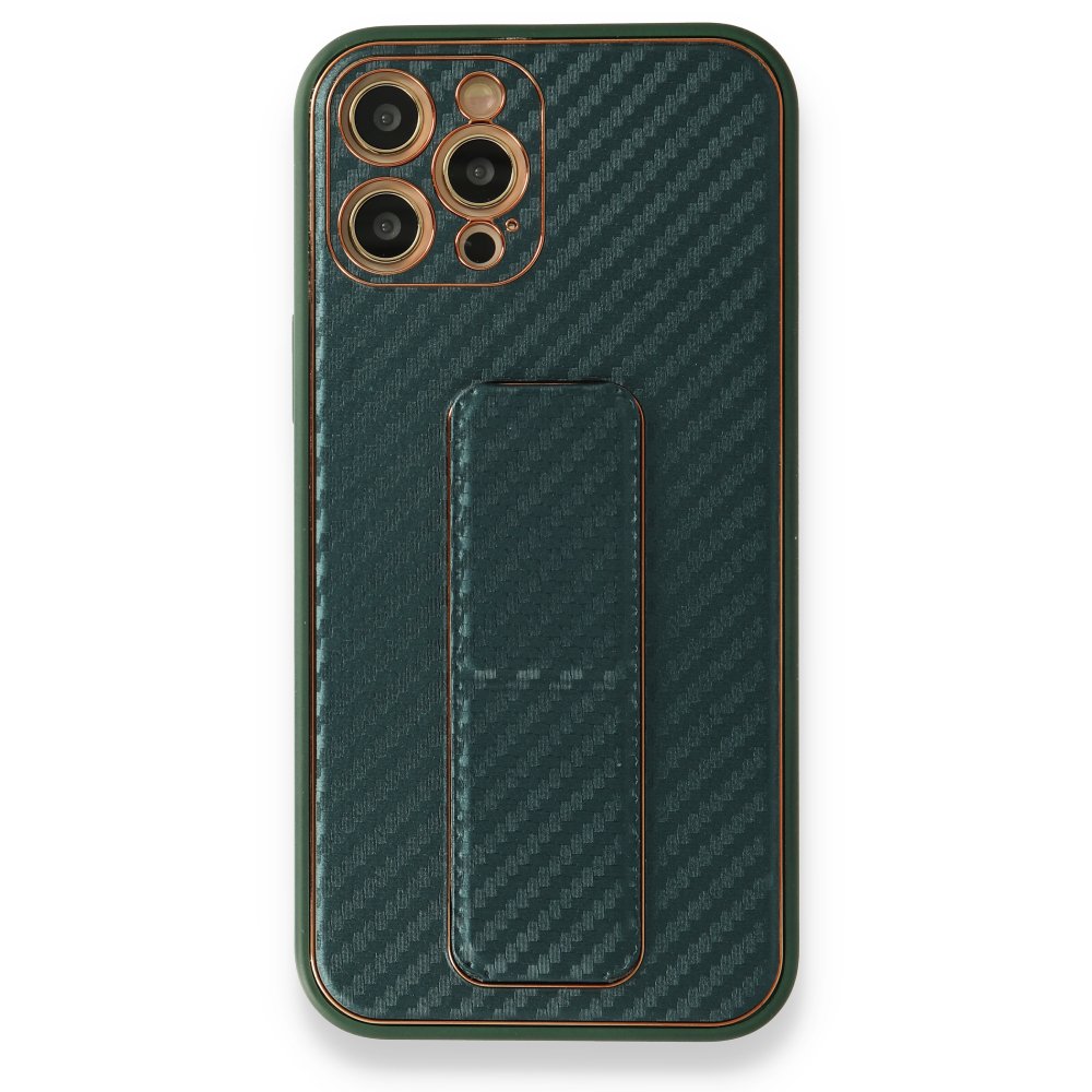 Newface iPhone 12 Pro Max Kılıf Coco Karbon Standlı Kapak - Yeşil
